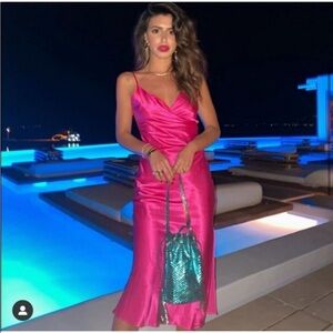 NEW ZARA DRAPED LINGERIE STYLE SATIN DRESS FUCHSIA XS